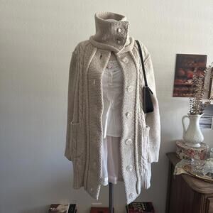 Cream high collar cable knit cardigan